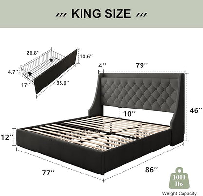 Feonase Upholstered King Size Bed Frame with 4 Storage Drawers, Large Wingback Headboard, No Box Spring Needed, Black