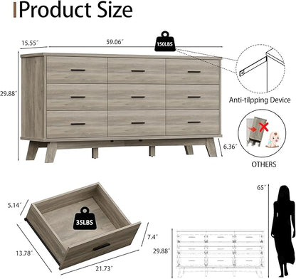 Dresser for Bedroom, 9 Drawer Wide Modern Chest of Drawers with X-Shaped Sturdy Base, Wood Double Dresser Closet Clothes Storage Organizer, Wooden TV Stand for Living Room, Hallway, Grey