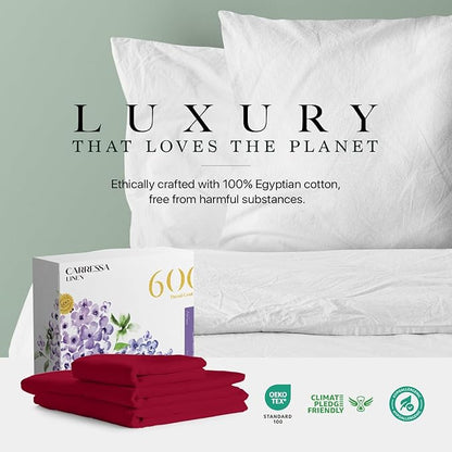 Carressa Linen 100% Egyptian Cotton Twin Sheets Set - 600 Thread Count Egyptian Cotton Luxury Twin Sheets (3 PC, True Red), 16" Deep Pocket, Soft, Cooling, Sateen Weave College Dorm Room Bedding