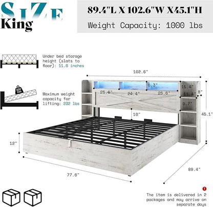 AMERLIFE King Size Lift Up Storage Bed Frame, 45.1" LED Bed Frame with 2 Side Shelves & Bookcase Headboard, Farmhouse Wood Platform Bed with Charging Station, No Box Spring Needed, Distressed White