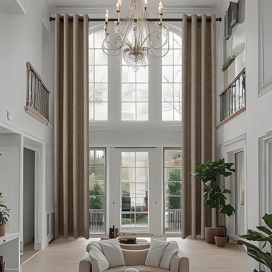 Extra Long Linen Curtains 144 inch Length 2 Panels Thick Faux Linen Blended Window Drapes Burlap Textured Curtains with Grommet for Living Room Farmhouse 12ft (52x144 Dark Coffee) Natural