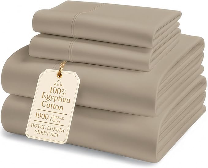 100% Egyptian Cotton Sheet Set Queen Size – 1000 Thread Count Silky Sateen Weave Queen Sheet Set for Good Sleep Comfort, 15" Snug Fit Deep Pocket, Breathable, Hotel-Quality Luxury You Can Feel - Taupe