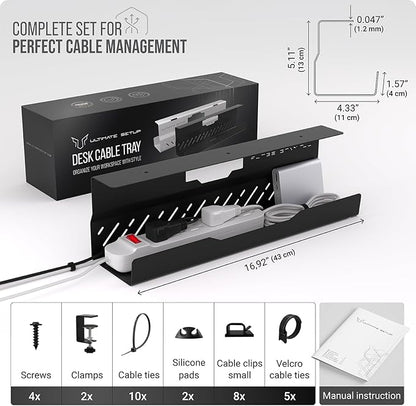 Under Desk Cable Management Tray no Drill – Wire Management - Cord Organizer – Huge Load Capacity – Under Desk Cable Tray no Drill (Black, 1 Piece Set)