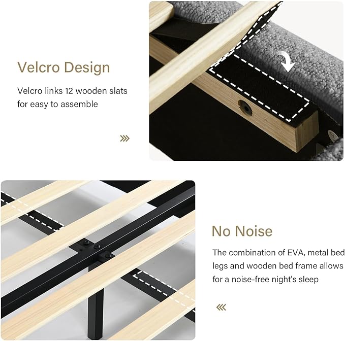 BarnFurin Full Size Bed Frame with Headboard, Boucle Upholstered Platform Bed Frame, Modern Style, Soft Rounded Corners, No Box Spring Required, Easy Assembly, Light Grey