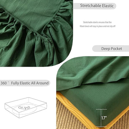 MooMee Fitted Bottom Sheet Only 100% Washed Cotton Linen Like Textured Breathable Durable Soft Comfy Deep Pocket Fits Mattress up to 17" (Forest Green, Queen)
