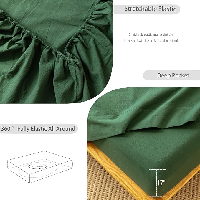 MooMee Fitted Bottom Sheet Only 100% Washed Cotton Linen Like Textured Breathable Durable Soft Comfy Deep Pocket Fits Mattress up to 17" (Forest Green, Twin)