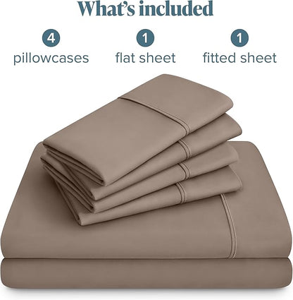 Bare Home Hotel Luxury Queen Sheet Set, Extra Soft - 6 Piece Set - Deep Pockets - Easy Fit - Cooling & Breathable - Wrinkle, Fade, Stain Resistant - Includes 4 Pillowcases (Queen, Taupe)