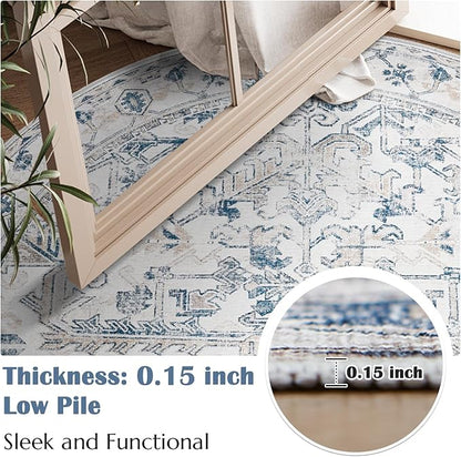 jinchan Lima Round Rug 5ft Vintage Machine Washable Area Rug Indoor Circle 5' Ultra-Thin Non-Slip Floral Print Carpet for Farmhouse Entryway Dining Room Living Room Bedroom Office (5'Round, Blue)
