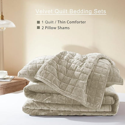 LEAONME Velvet Quilt Oversized California King-120''x120'', Lightweight Beige Velvet Comforter Set with 2 Pillow Shams, Oversized Bedspread Coverlet Quilted Bedding Set for All Season