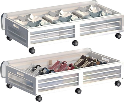 Under Bed Storage Containers with Wheels, Larger Bamboo Wood Under Furniture Storage Containers with Dust Bags，Rolling for Shoes Clothes