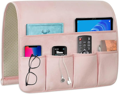 WETRBWEH Remote Control Holder for Armchair，Couch Caddy Organizer TV Remote Holder for Bed Storage 5 Pockets，Remote Caddy Bedside Organizer Bedside Table Organizer (Pink, 35''x18'')