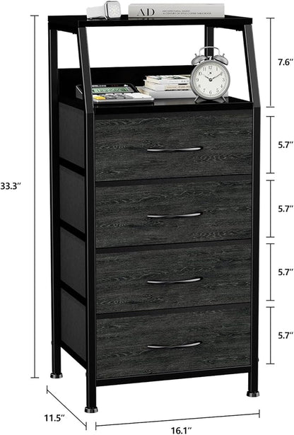 Dresser with 4 Drawers, Fabric Storage Tower for Bedroom, Black Clothes Storage Drawers, Vertical Closet Organizer for Kids Room, Entryway, Nightstand Bedside Table, Sturdy Steel Frame & Wooden Top