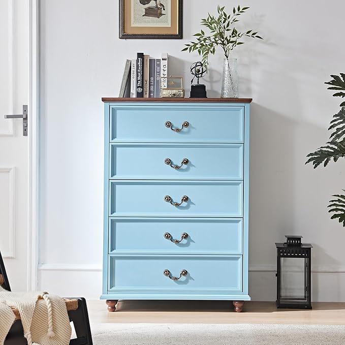 24" Wide Farmhouse Nightstand Set of 2, 45" Tall Rustic Chests of 5 Drawers w/ 4 Solid Wood Feet, Farmhouse Furniture Series for Living Room,Bedroom,LightBlue