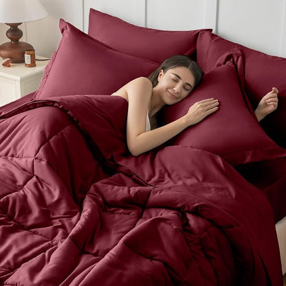 JOLLYVOGUE Full Comforter Set, Ultra-Soft Bed in a Bag Full Size 7 Pieces, Oeko-TEX Certified Bedding Set with Down Alternative Comforter, Sheets, Pillowcases & Shams, Burgundy