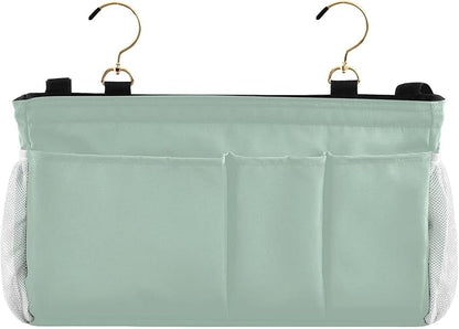 KOPIRIT Cyan Gray Bedside Caddy Storage Bag Bedside Organizer for College Dorm Top Bunk Bed Bedside Shelf Hanging Organizer 6 Pockets with Hooks for Magazine Water Bottle Holder