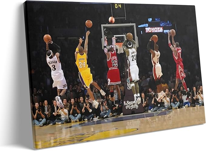 Basketball Legends Canvas Wall Art Print Poster, Iconic Sports Stars Shooting Inspirational Picture, Motivational Photography Wall Decor for Gym Dorm Home Office Living Room Bedroom, Framed 16x20inch