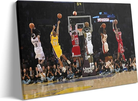 Basketball Legends Canvas Wall Art Print Poster, Iconic Sports Stars Shooting Inspirational Picture, Motivational Photography Wall Decor for Gym Dorm Home Office Living Room Bedroom, Framed 16x20inch