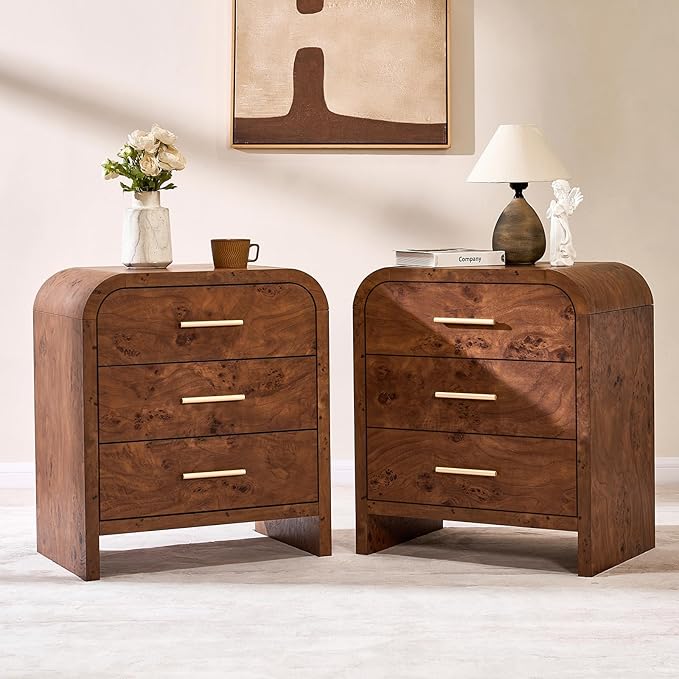 Farmhouse Nightstand, 23.5" Curved Modern Night Stand with 3-Drawer, Bedside Table, End Table for Bedroom, Storage Cabinet for Living Room Home Office Entryway, Dark Burl
