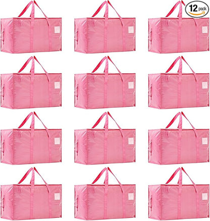 Moving Bags Heavy Duty Extra Large, Moving Boxes, Moving Supplies Essentials, Storage Bins with Lids, Plastic Packing Totes, Storage Bags for Clothes with Handles & Zippers(Pink, 12 Pack)