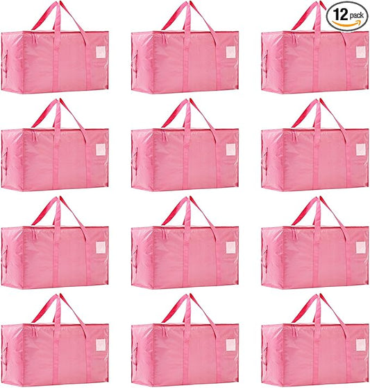 Moving Bags Heavy Duty Extra Large, Moving Boxes, Moving Supplies Essentials, Storage Bins with Lids, Plastic Packing Totes, Storage Bags for Clothes with Handles & Zippers(Pink, 12 Pack)