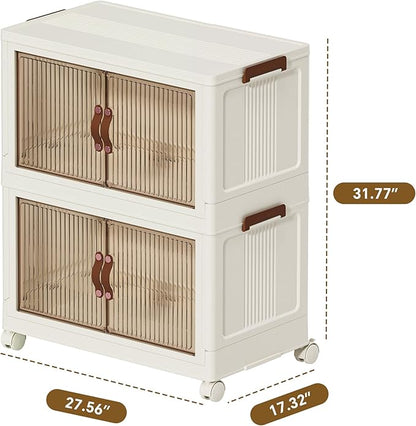 130 QT Large Plastic Storage Bins with Lids Open Front, Stackable Storage Containers with Wheels for Clothes, Home, Room, White, 2 Tiers