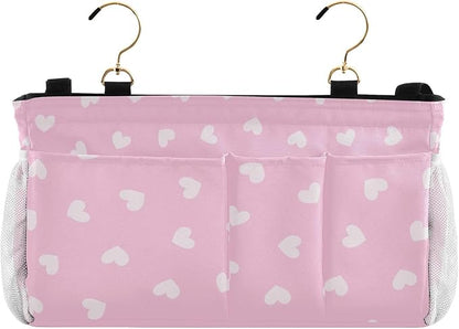 Bedside Caddy Hanging Bunk Bed Caddy Bed Organizer Hanging Pocket with 2 Hooks Bedside Storage Organizer Pocket Bag Holder Heart Pink