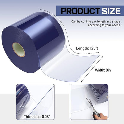 Moukeren Plastic Door Curtain for Winter 125 ft x 8 Inch Thermal Insulated Garage Door Strip Curtains Smooth Waterproof Clear PVC Strip Curtain for Warehouse Freezer, 0.08" Thickness(Classic)