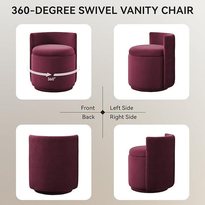 Velvet Vanity Chair with Storage, 360° Swivel Makeup Chair with Wave Back, No Assembly Small Accent Stool for Bedroom, Dressing, Living Room, Burgundy