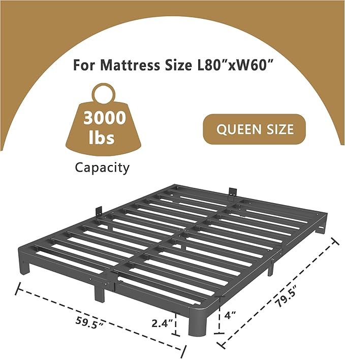 ITIMIDI 4 Inch Queen Bed Frame No Box Spring Needed, Platform Bed Frame with Metal Gaskets, Heavy Duty Steel Slat Support, Anti-Slip Mattress Stopper, Round Corner Leg, Easy Assembly, Black