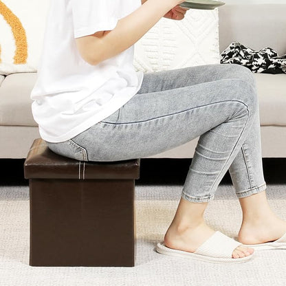 B FSOBEIIALEO Folding Storage Ottoman Cube, Faux Leather Footrest Seat Coffee Table, Brown 11.8"x11.8"x11.8"