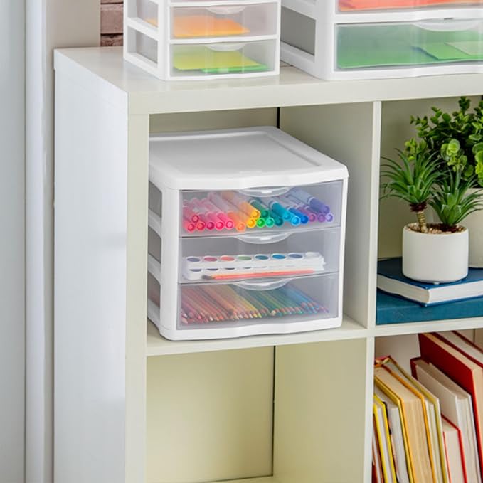 Sterilite 4-Pack 3 Drawer Unit, Plastic Desktop Organizer with Clear Drawers, White Frame - Stackable Multi-Purpose Storage for Office Supplies, Craft Rooms, Classrooms and Home Organization