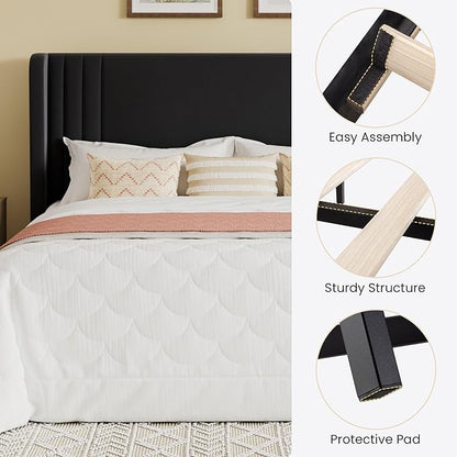 SHA CERLIN Queen Size Velvet Upholstered Platform Bed Frame with Vertical Channel Tufted Wingback Headboard, Wooden Slats Support, Easy Assembly, Under Bed Storage, No Box Spring Required, Black
