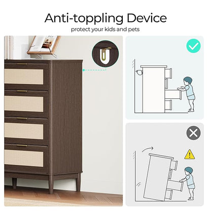 LINSY HOME Rattan Dresser for Bedroom with 8 Drawers, 54" Wide Chest of Drawers, Mid Century Modern Dresser TV Stand with Metal Handle, Wood Closet Storage Cabinet for Living Room, Hallway, Walnut
