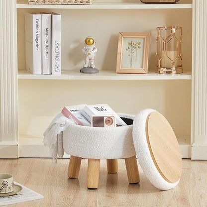 FIMIVIBI Small Ottoman with Storage, Small Storage Ottoman Round, Sherpa Foot Stool with Legs, Ottomans and Footstools for Living Room and Entryway (White)