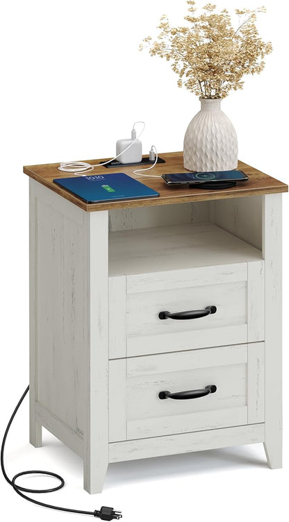 VASAGLE LIRY Collection - Farmhouse Nightstand with Charging Station, Bedside Table, Side Table with 2 Drawers, Open Compartment, for Bedroom, Rustic White and Honey Brown ULET669W01