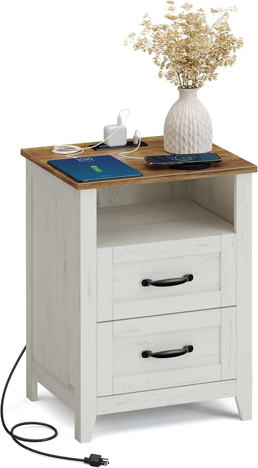 VASAGLE LIRY Collection - Farmhouse Nightstand with Charging Station, Bedside Table, Side Table with 2 Drawers, Open Compartment, for Bedroom, Rustic White and Honey Brown ULET669W01