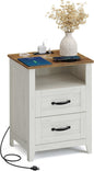 VASAGLE LIRY Collection - Farmhouse Nightstand with Charging Station, Bedside Table, Side Table with 2 Drawers, Open Compartment, for Bedroom, Rustic White and Honey Brown ULET669W01