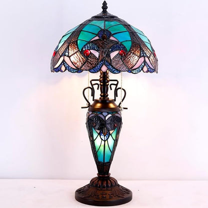 WERFACTORY Tiffany Style Table Lamp Green Stained Glass Liaison Lamp 12X12X22 Inches Mother-Daughter Vase Desk Reading Light Decor Bedroom Living Room Home Office S160G Series