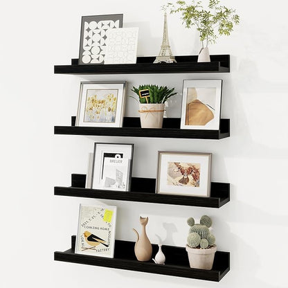 Fun Memories Picture Ledge Shelf, Solid Pine Wood Floating Shelves Set of 4, 16 Inches Nursery Book Shelves for Toys Storage, Kids Bookshelf Wall Mounted for Living Room Decor Photo Frames, Black
