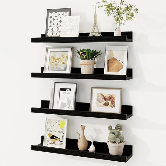 Fun Memories Picture Ledge Shelf, Solid Pine Wood Floating Shelves Set of 4, 16 Inches Nursery Book Shelves for Toys Storage, Kids Bookshelf Wall Mounted for Living Room Decor Photo Frames, Black