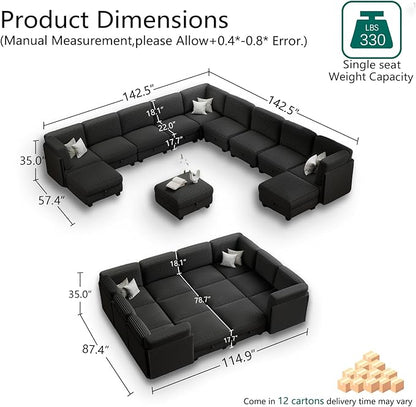 Modular Sectional Sofa with Adjustable Backrest, Large Convertible L/U-Shaped Sleeper Couch for Living Room, Cloud Sofa Bed Modern Reversible Design, Black