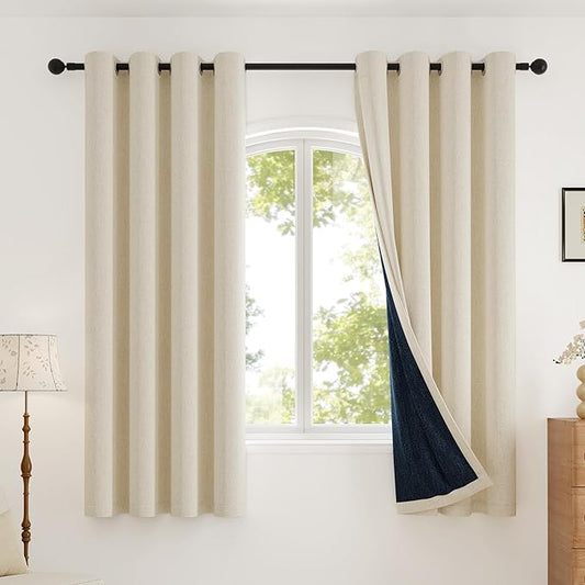 Blackout Curtains Thick Soft Curtain 2 Panels Set for Small Bedrooms/Children's Rooms, Linen-Look Textured Full Light Blocking Room Darkening Thermal Insulated Drapes (W52xL54, Cream)
