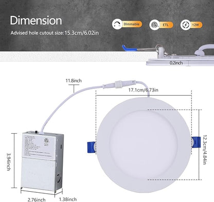 CycevSun 24 Pack 6 Inch LED Recessed Lighting with Night Light - Canless Ultra Thin Wafer Downlight Soffit Pot, Dimmable & 5 Color Temperature Selectable, 12W, ETL & Energy Star