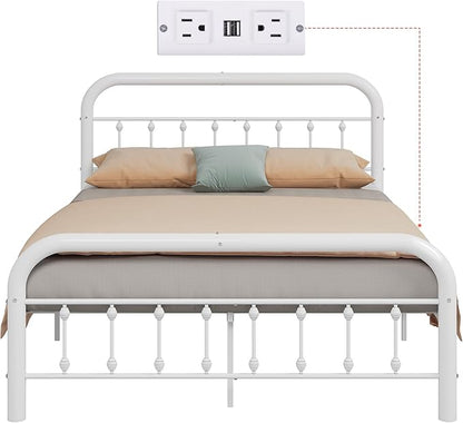 WLIVE Metal Platform Bed Frame, Queen Bed Frame with Headboard, Bed Frames with LED Lights and Charging Station, 1500LBS Mattress Foundation, Under Bed Storage, No Box Spring Needed, White