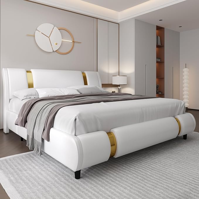 TTVIEW Modern Faux Leather Upholstered Platform Bed Frame with Golden Iron Metal Decor, Adjustable Curved Headboard, Wooden Slats Support, No Box Spring Needed, King Size, White