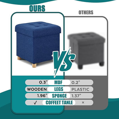 BRIAN & DANY Ottoman with Storage, Small Storage Ottoman for Dorm, Linen Folding Ottoman Foot Stool with Legs for Living Room and Bedroom, 14.8"x14.8"x16.1" - Blue