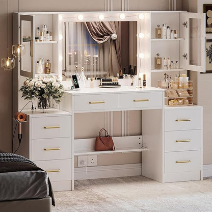 White Vanity Desk with Mirror, Lights & Charging Station, 58" 3 Lighting Modes Makeup Desk with 8 Drawers, 2 Cabinets and Lots Storage, Dressing Table Vanity Set with Lighted Mirror