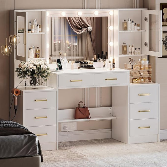 White Vanity Desk with Mirror, Lights & Charging Station, 58" 3 Lighting Modes Makeup Desk with 8 Drawers, 2 Cabinets and Lots Storage, Dressing Table Vanity Set with Lighted Mirror
