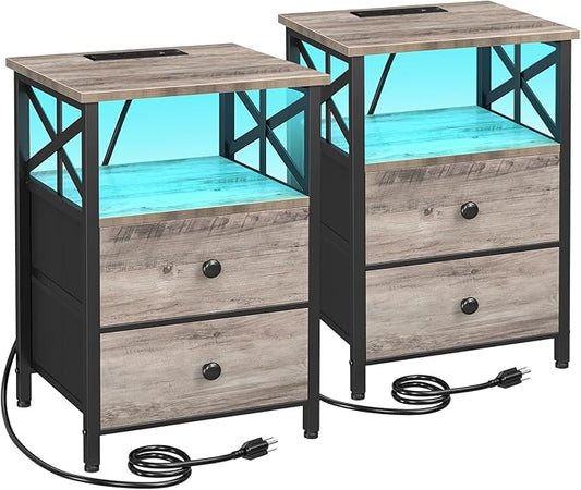 AMHANCIBLE Night Stand Set 2, LED Nightstand with Charging Station, End Tables Living Room with Fabric Drawers, Bed Side Table for Bedroom, Greige, HET052LGY