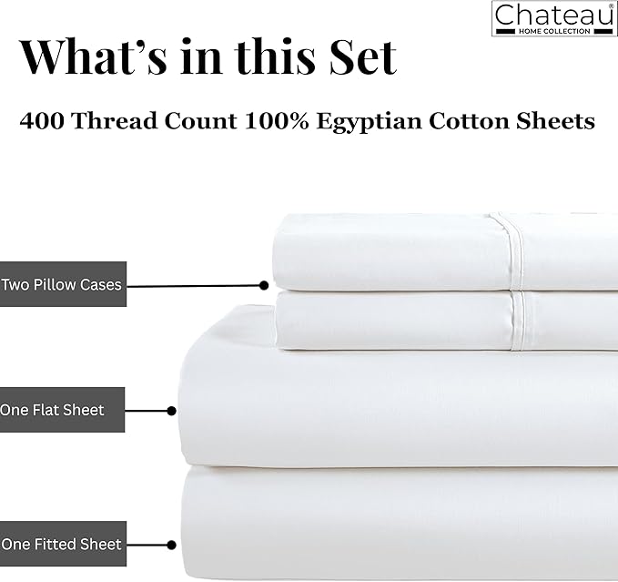 100% Egyptian Cotton Sheets Queen Size Bed Set, Deep Pocket Queen Sheet Set, 400 Thread Count Cotton Bed Sheets, Naturally Cool Soft Breathable No Pill Elasticated Luxury White Bedding For All Seasons